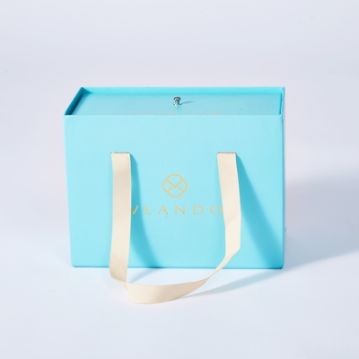 Emballage de luxe Caisse coulissante bleue Sacs personnalisés Boîte cadeau Package avec poignée de ruban