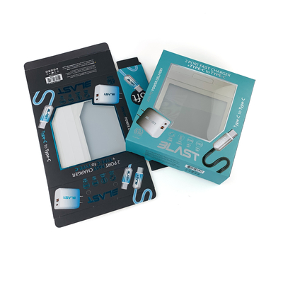 Logo personnalisé en feuille chaude pliée Produits électroniques Boîte d'emballage Cable de données USB Boîte de papier Emballage avec fenêtre en PVC