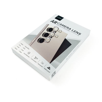 Couvercle de protection d'objectif d'appareil photo pliable, papier argenté imprimé personnalisé, boîte d'emballage en verre trempé avec fenêtre