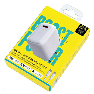 Logo personnalisé imprimé boîte de conditionnement de chargeur USB-C de 30 W avec fenêtre à crochet en ampoule pour chargeurs de téléphone